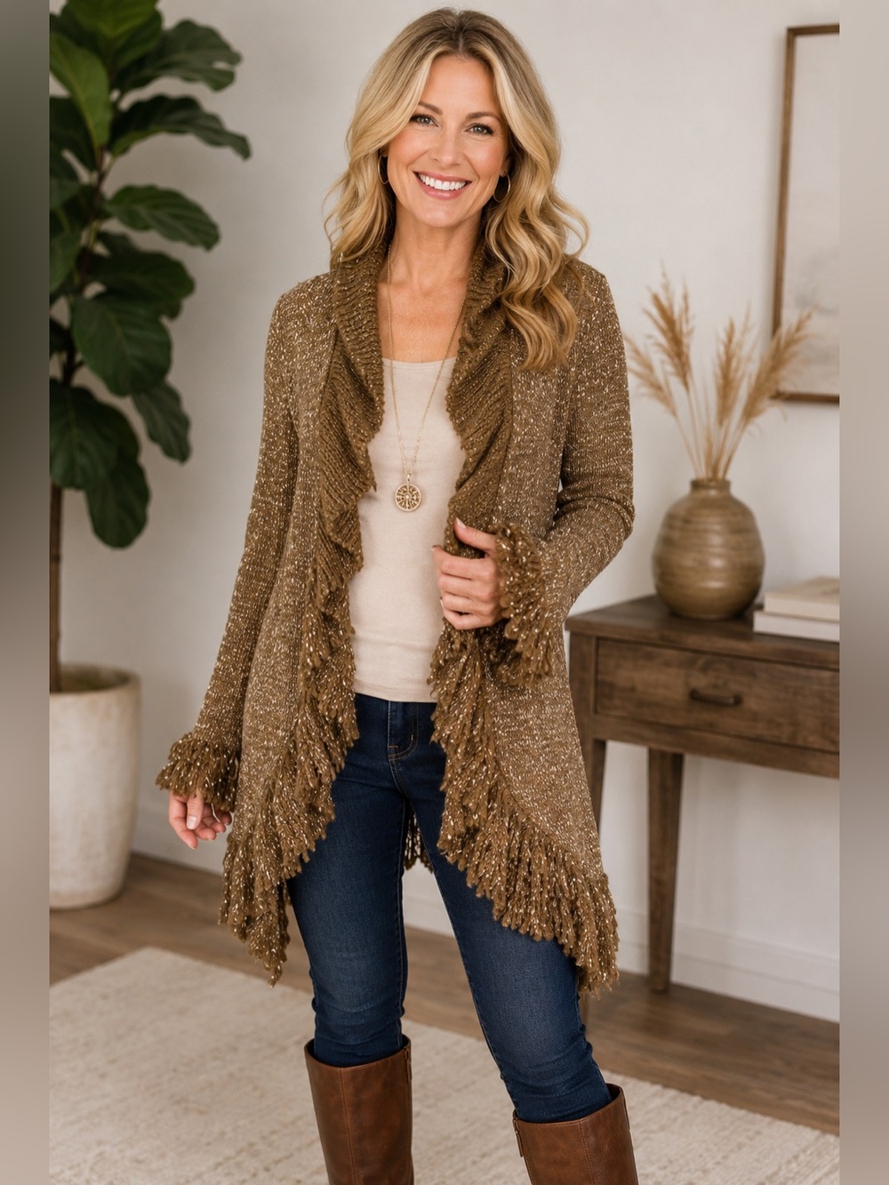 URBAN MANGOZ OPEN FRONT BROWN  CARDIGAN WITH FRILLY DETAIL SIZE MEDIUM